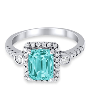 Halo Weddding Bridal Promise Ring Simulated Paraiba Tourmaline CZ 925 Sterling Silver